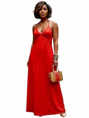 COOGI Vintage Y2K Red Logo print Halter Maxi Dress shiny red colorful charms